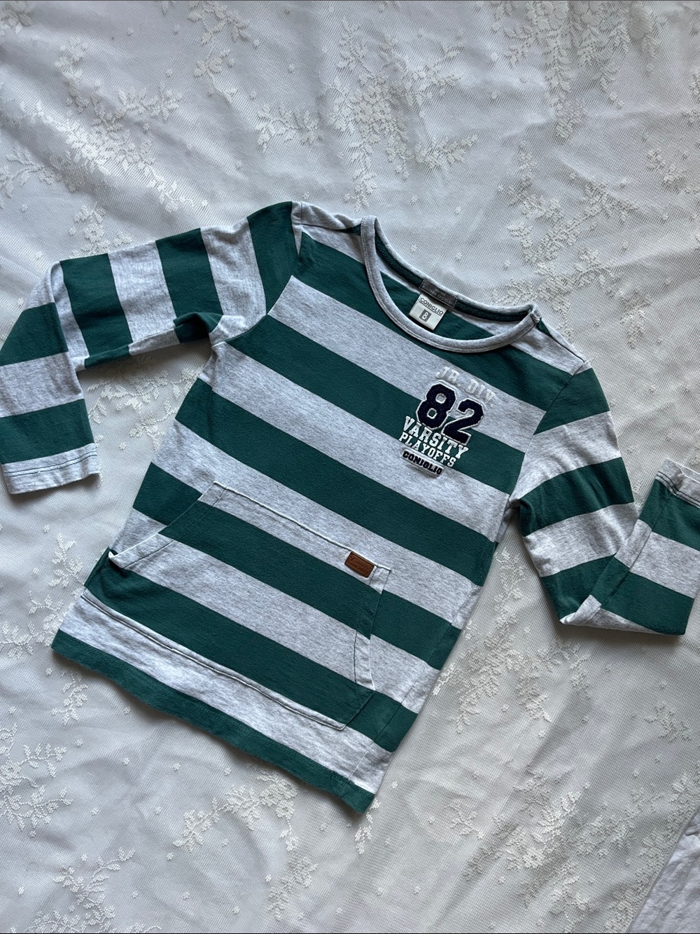 Boys Green & Gray Striped Long-Sleeve Tee with Varsity 82 Patch Coniglio